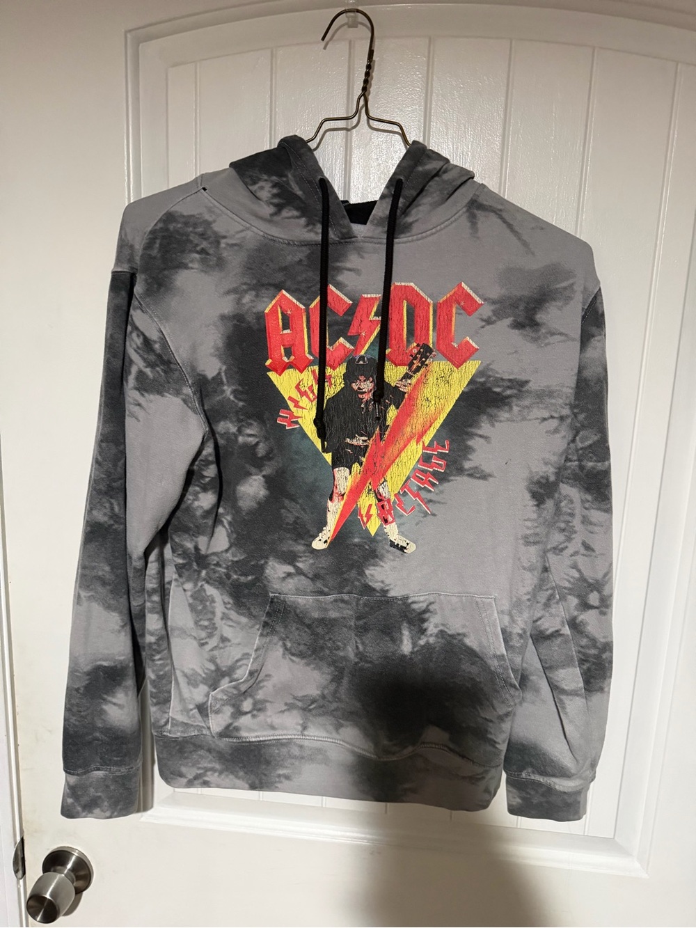 Unisex AC/DC Gray Tie-Dye Crewneck Sweatshirt with Red & Yellow Graphic